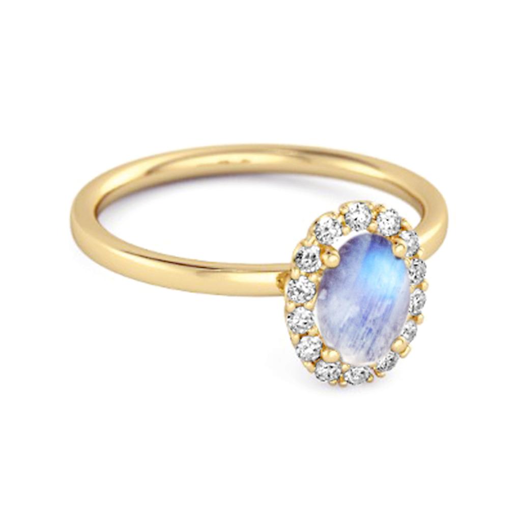 Moonstone Solitaire Halo Accents Ring -925 Sterling Silver Gold Vermeil