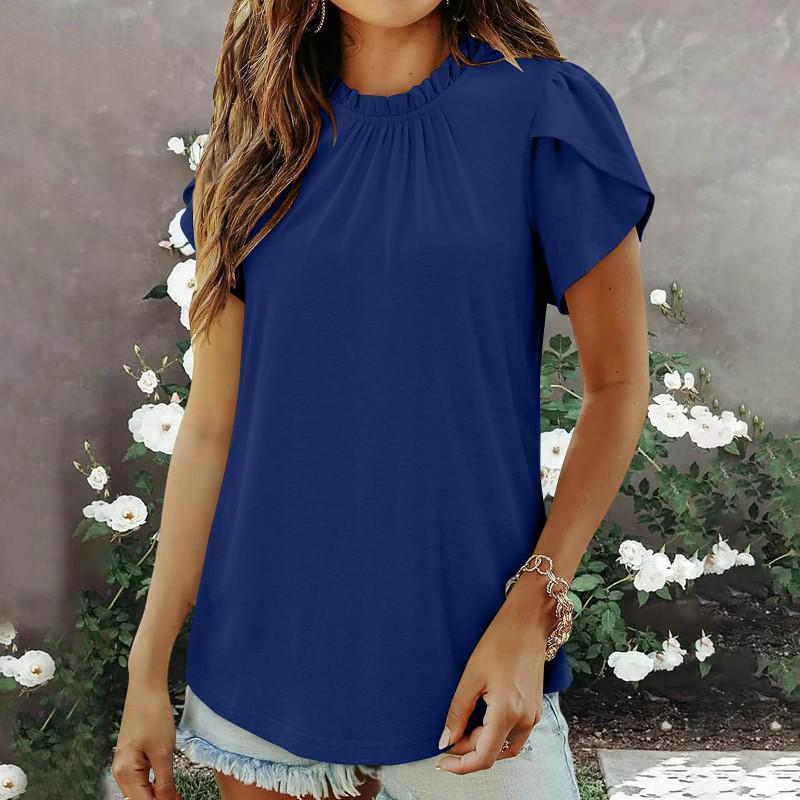 2026 Women's Solid Color Button Round Neck Short-Sleeve Pleated Top