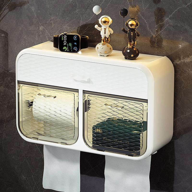 Super Large Capacity Tissue Holder with Double Door Toilet Paper Storage Rack Wall Mounted Perforated Paper Drawer Box