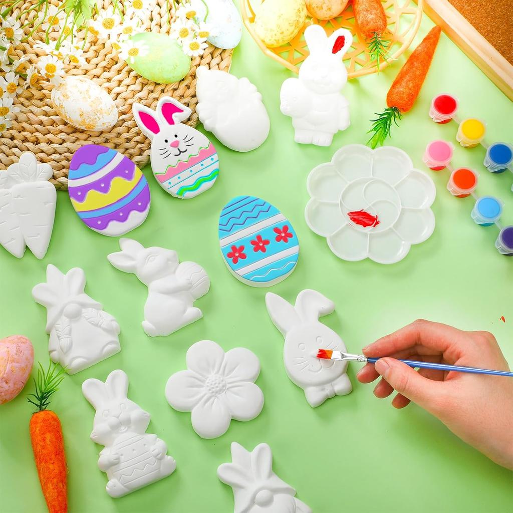 Sinmoe 12 Sets Easter Painting Kit for Kids Unpainted DIY Ceramic Figurines Paint Your Own Figurines Easter Egg Bunny Gnomes Carrot Flower