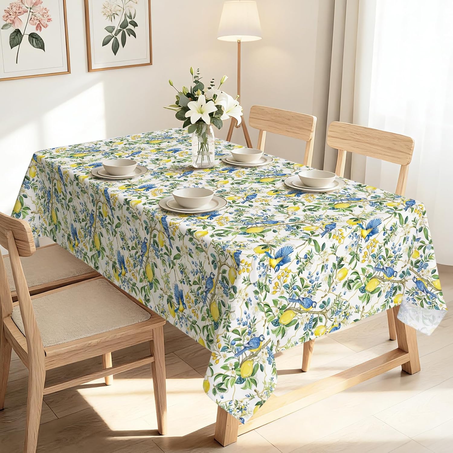 Zomer Citroen Blauw Bloemen Vogels Rechthoekige Tafelkleed voor Tafeldecoratie Wasbaar Boerderij Keukentafelkleed Vakantiefeest Decoratie 140x140cm