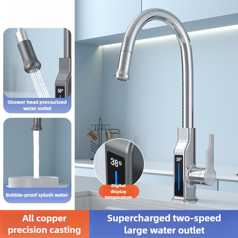 

Kitchen Pull-Out Sink Faucet White Gunmetal Multifunctional Kitchen Faucet Household Digital Display Faucet срібний