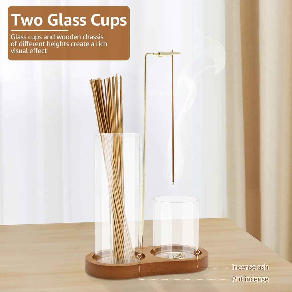 2in1 Wood Incense Holder Anti-Ash Flying Incense Burner with Removable Glass Ash Catcher Incense Sticks Organizer for Home Decor
