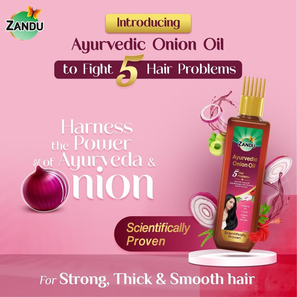 Zandu Ayurvedic Onion Oil 200ml | 9 Herbs & 10 Natural Oils for Strong Smooth Hair & Dandruff Control