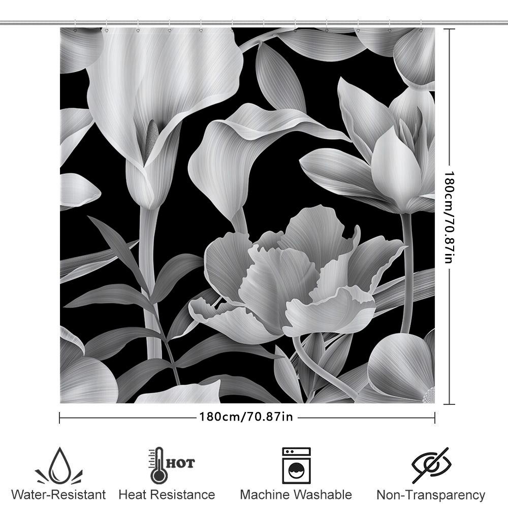 Modern White Floral Shower Curtain Decorative Waterproof Bathroom Accessories Customizable Size Shown In Black Grey Large (72X84