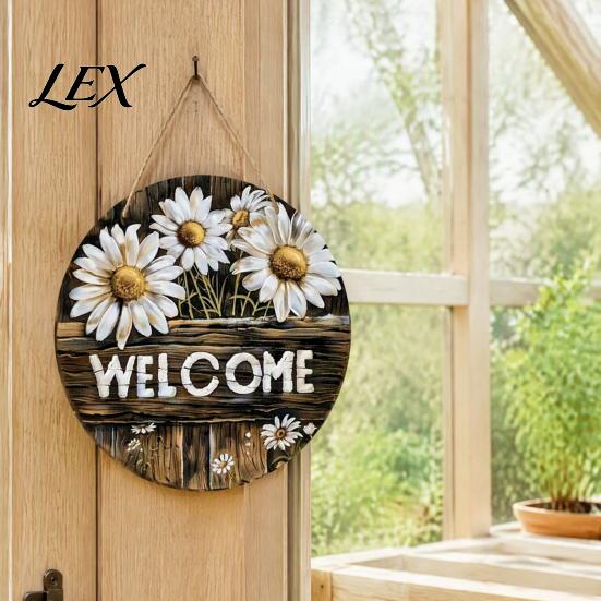 Hanging Sign with Hemp Rope Wooden Daisy Welcome for Front Door, Rustic Farmhouse Wall Decor Handmade House Rope, Wood Plaque Home Entrance