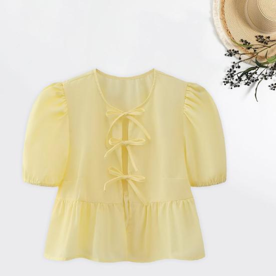 

Yousheng женская повседневная рубашка с круглым вырезом, пышные топы с короткими рукавами, однотонные укороченные топы на шнуровке с рюшами и подолом, уличная одежда