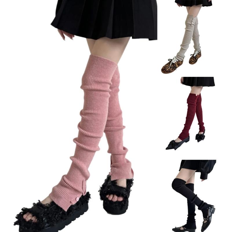 Japanese Ballet Styles Thigh High Leg Warmer Ribbed Knitted Split Buttons Over Knee Footless Socks for Fashionable Women