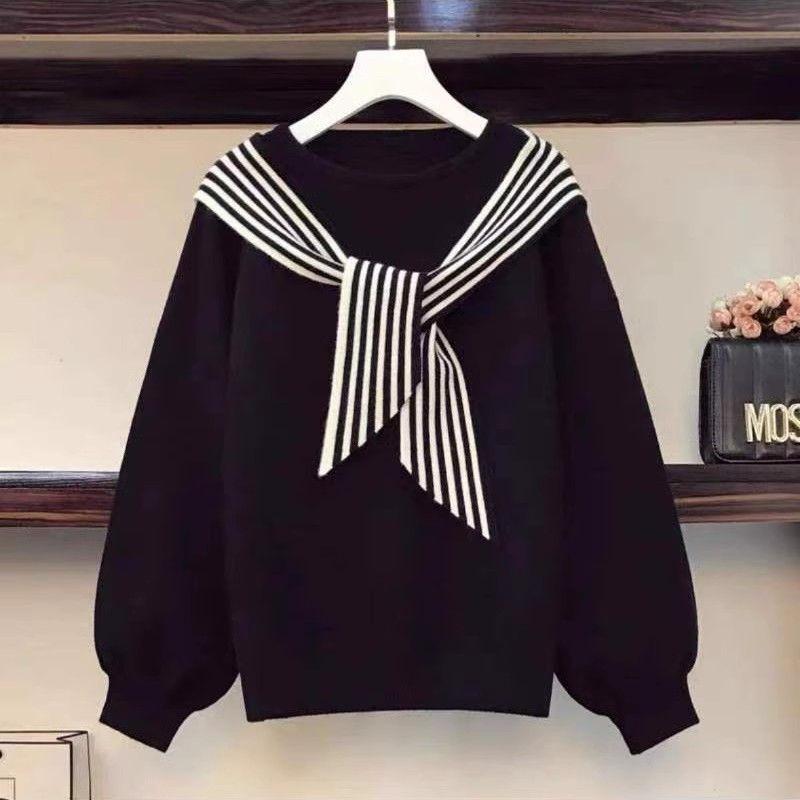 New Popular Round Neck Solid Color Scarf Knitted Sweater for Women Loose and Stylish Pullover Casual Sweater for Outdoor Wear