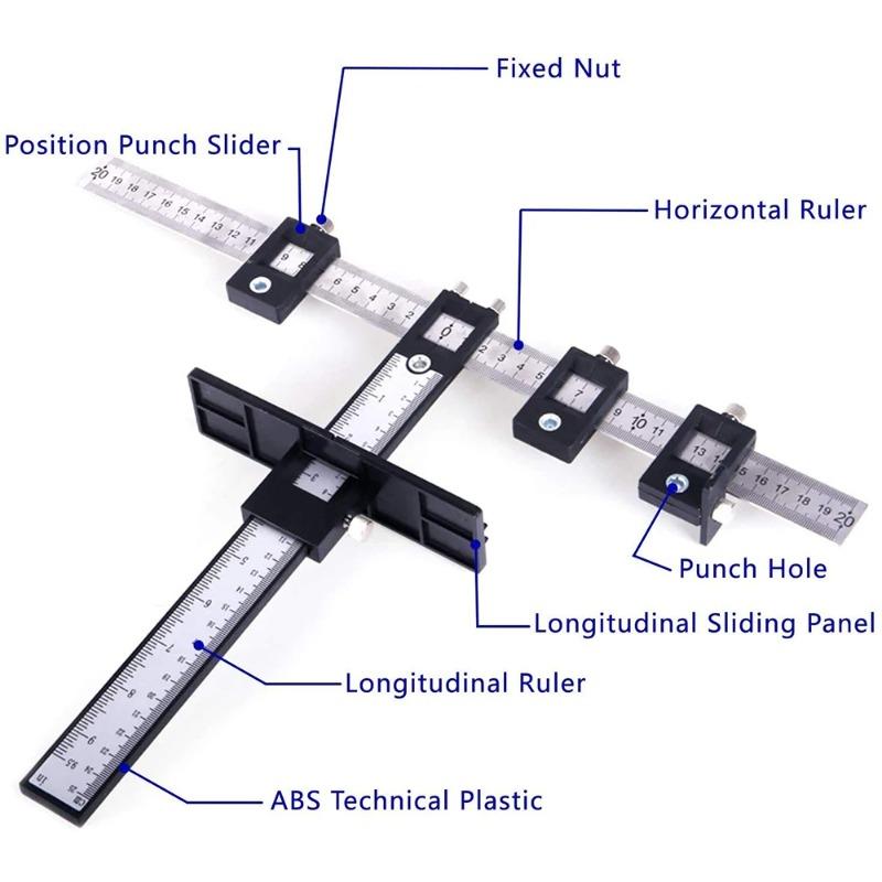 כלי איתור חורים, כלי מדריך תבנית מקדחה מתכווננת, קידוח חורים להתקנת ידיות, כפתורים, ידיות משיכה לדלתות ומגירות