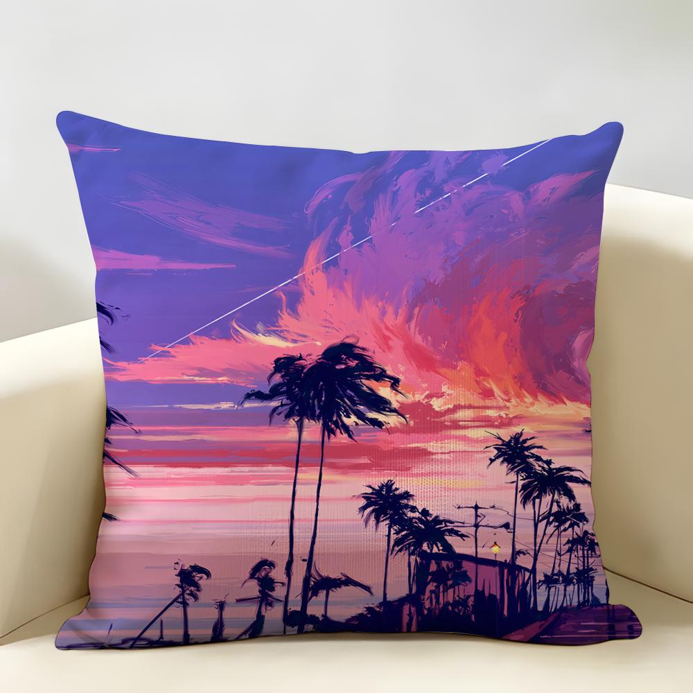 Sunset Palm Tree Fashion Cushion Cover Natural Linen Organic Fabric DoubleSided Printing Room Sofa Decor Pillow Case