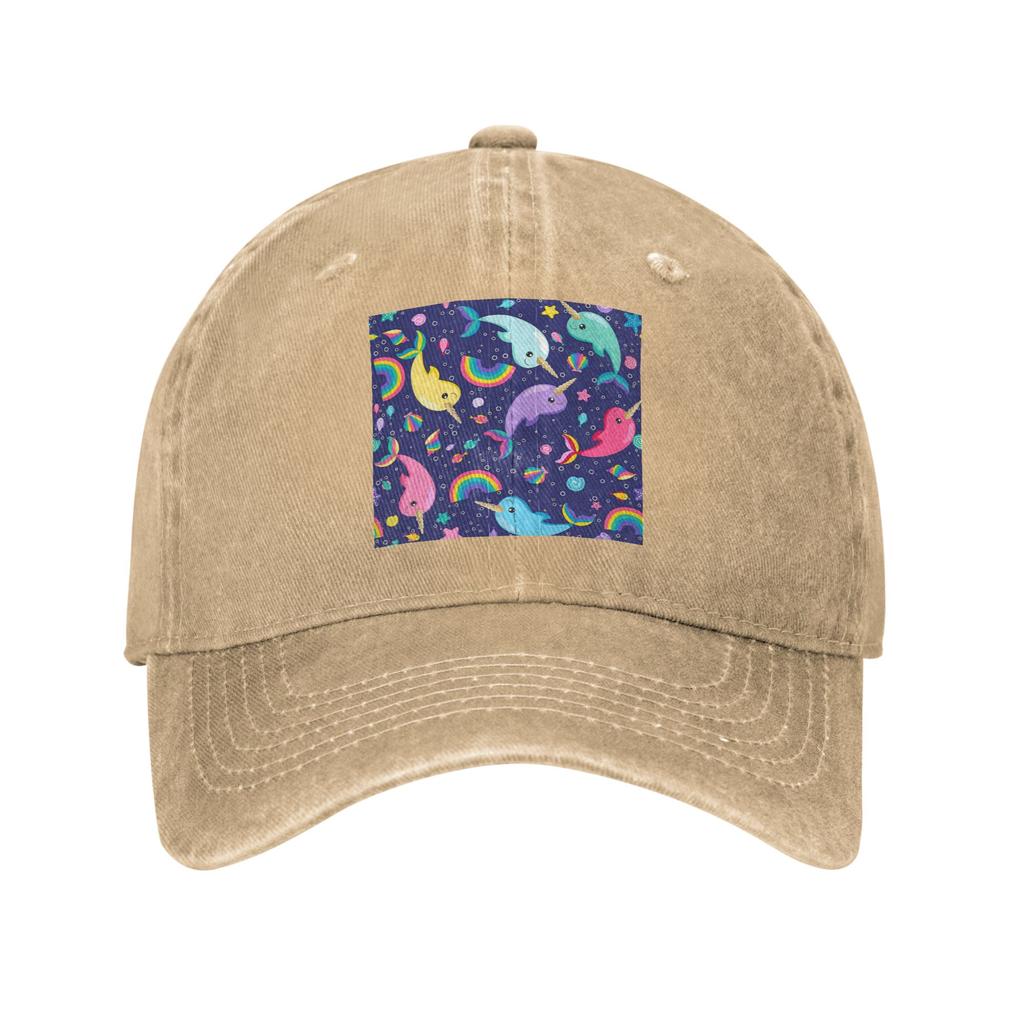 Rainbow Narwhals Under the Sea Blue Washed Denim Cap Casual Baseball Caps Adjustable Hat Summer Unisex Baseball Hats