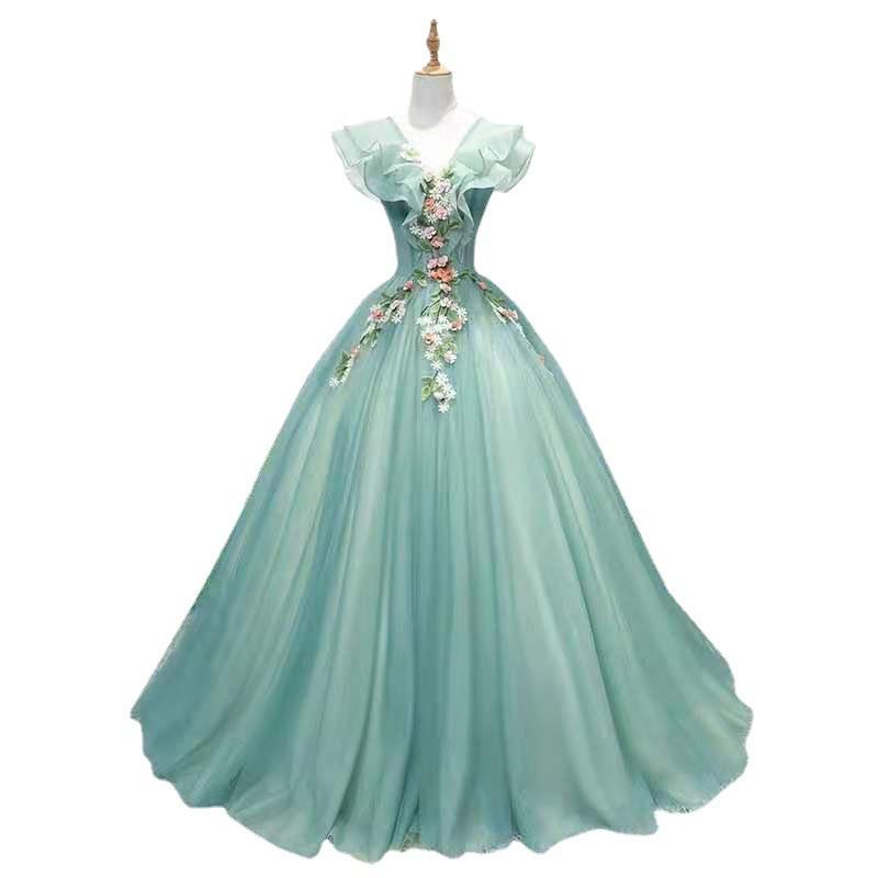 Green color yarn 1011 new host performance student vocal solo art test tutu skirt long evening dress women