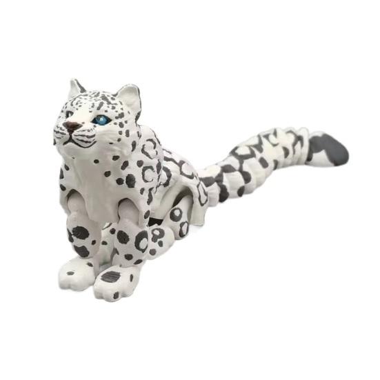 3D Printed Animal Model Realistic Snow Leopard Figurine with Flexible Joint Articulated Fidget Toy for Stress Relief S белый