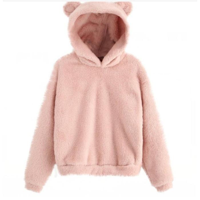Winter Korean Fashion Bear Ears Cute Loose Hoodie Fluffy Hooded Warm Sweatshirt Long Sleeve Top Solid Pullover Clothes For Women