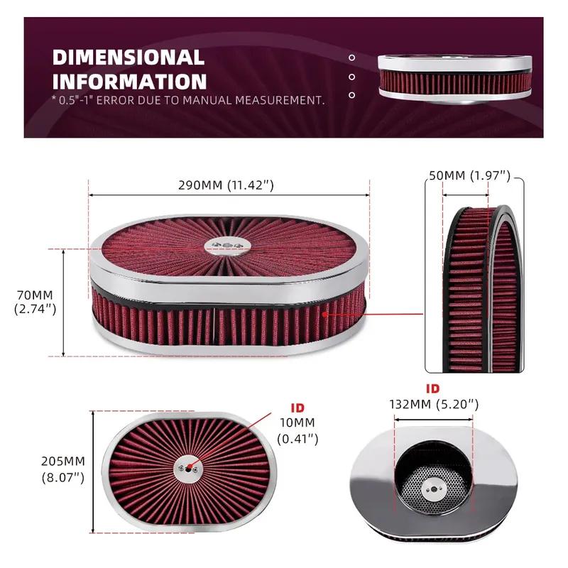 Hoher Durchfluss Chrom 12"x2" Ovaler Luftfilter-Gehäusebausatz 5-1/8" Vergaserhals mit Durchflussdeckel für GMC Chevy Ford Chrysler Dodge