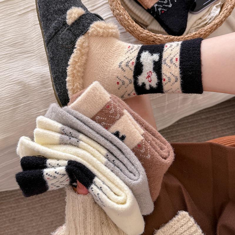 Fair Island Puppy Australian Fleece Socks for Winter Women, Thickened Mid-calf Socks, Comfortable and Casual Fleece Socks with Birken Shoes