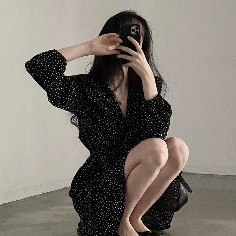 Polka Dot V-neck Long-sleeved Dress, Women's One-piece Belt, Spring and Autumn Suit, Small Short Skirt