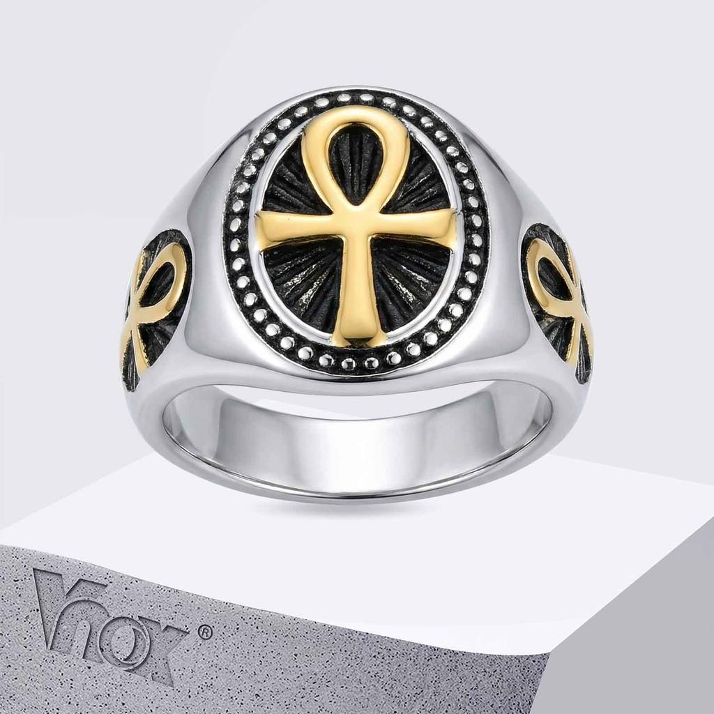Anelli Croce Ankh Vnox da Uomo, Larghezza 14mm Acciaio Inossidabile Gioielli Punk Gotici Anello Statement Vintage Amuleto Religioso Anello Sigillo
