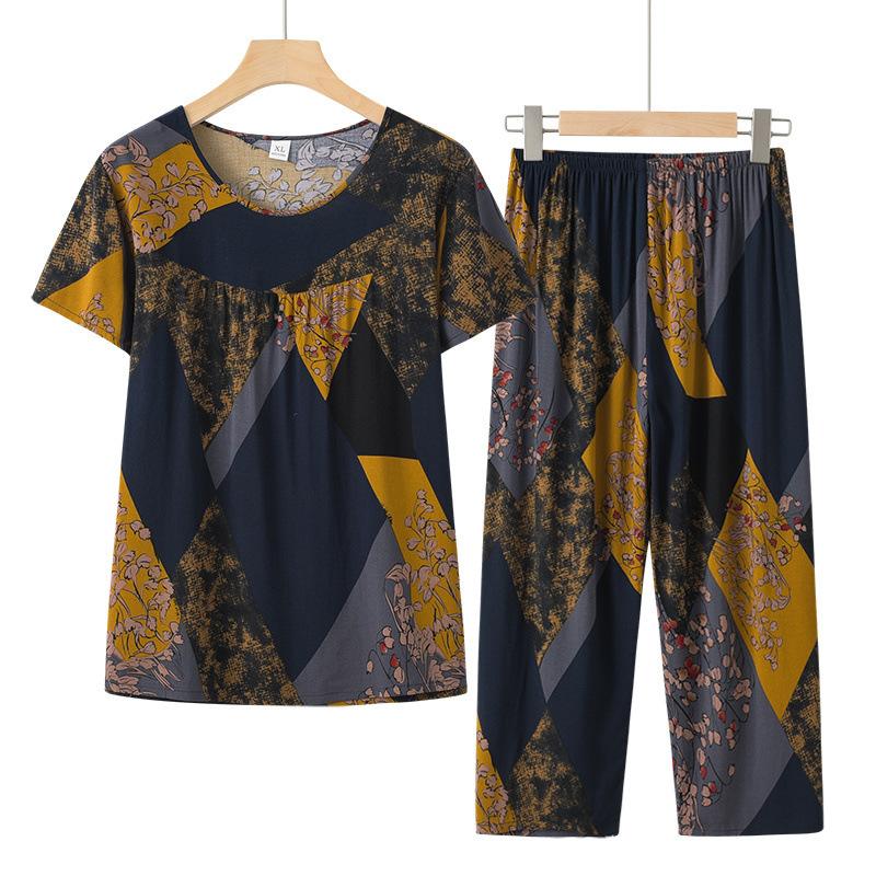 Women Loose Fit Suit Flower Printed Women's Top Pants Set with Retro Style Elastic Waist Breathable Fabric 2 for Grandmother's