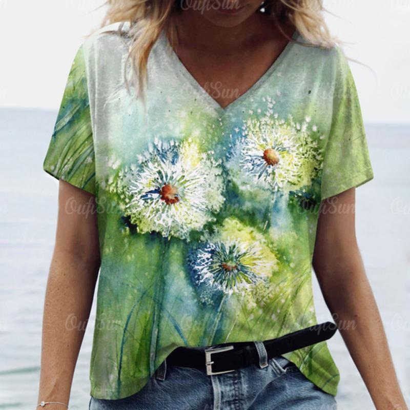Women Short Sleeves V-Neck T-Shirt Oversized Beautiful Clothing Loose T Shirt Clothing Woman Flowers Print Top Pullover Outdoor