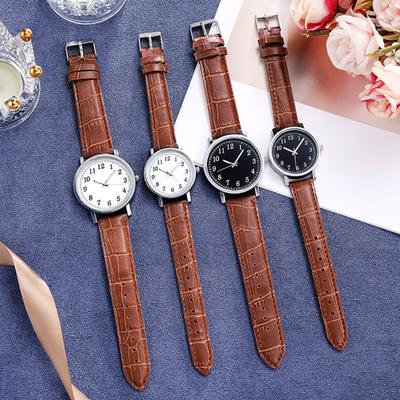 Par Klokke Rund Batteridrevet Faux Lærreim Elegant 3-Viser Bursdagsgave Justerbar Menn Kvinner Quartz Armbåndsur Motesmykker
