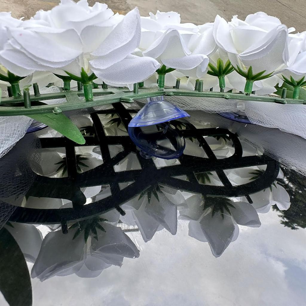 Heart-Shaped Wedding Car Hood Decoration With Angel Wing Design –2 Rearview Artificial Flowers, White Tulle Ribbons & Just Married Decal Set