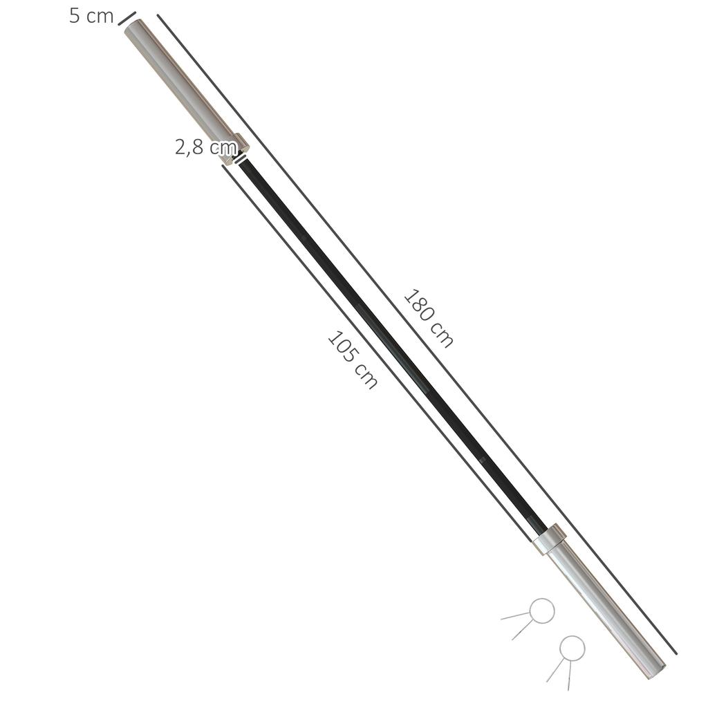 Steel Barbell 180 cm diameter 50 mm with 2 Clips Load 200 kg Weight Training Bar for diameter 5 cm Plates Fitness