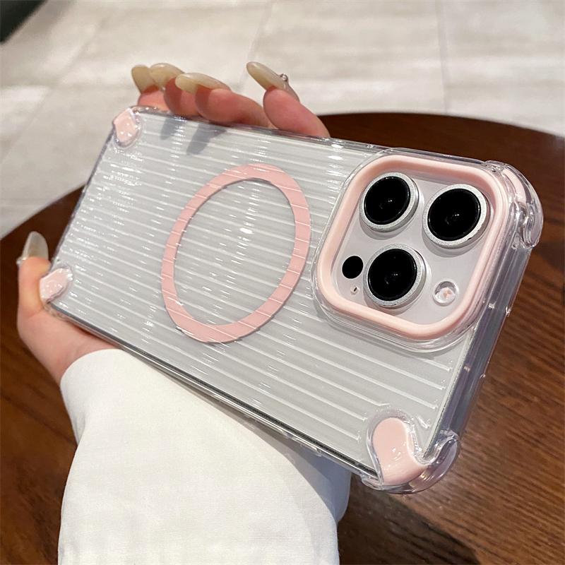 Transparent Stripe Soft TPU Phone Case For iPhone 16 15 14 Plus 13 12 11 Pro Max Clear Magnetic For Magsafe Wireless Charge Capa