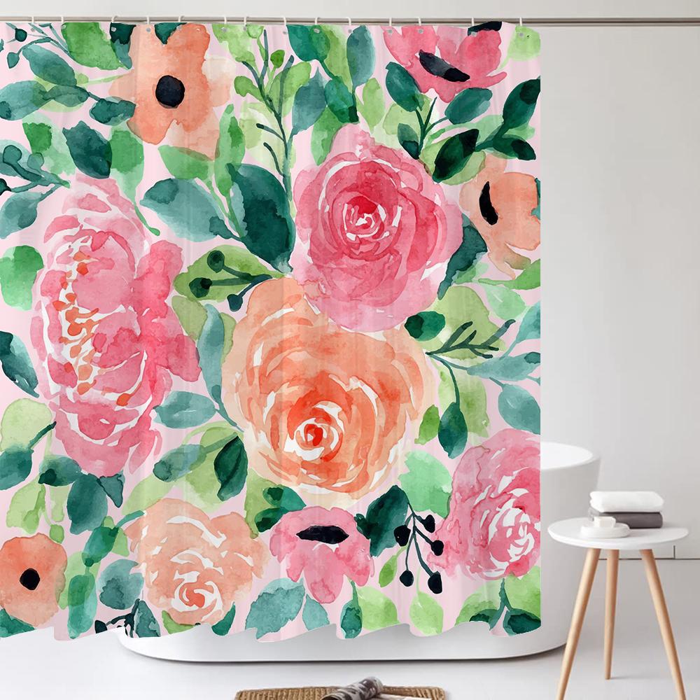 Grüne Pflanze Blatt Blume Duschvorhang, Moderner Nordic Minimalistischer Duschvorhang Polyester Stoff Badezimmervorhang für Badezimmer Dekor