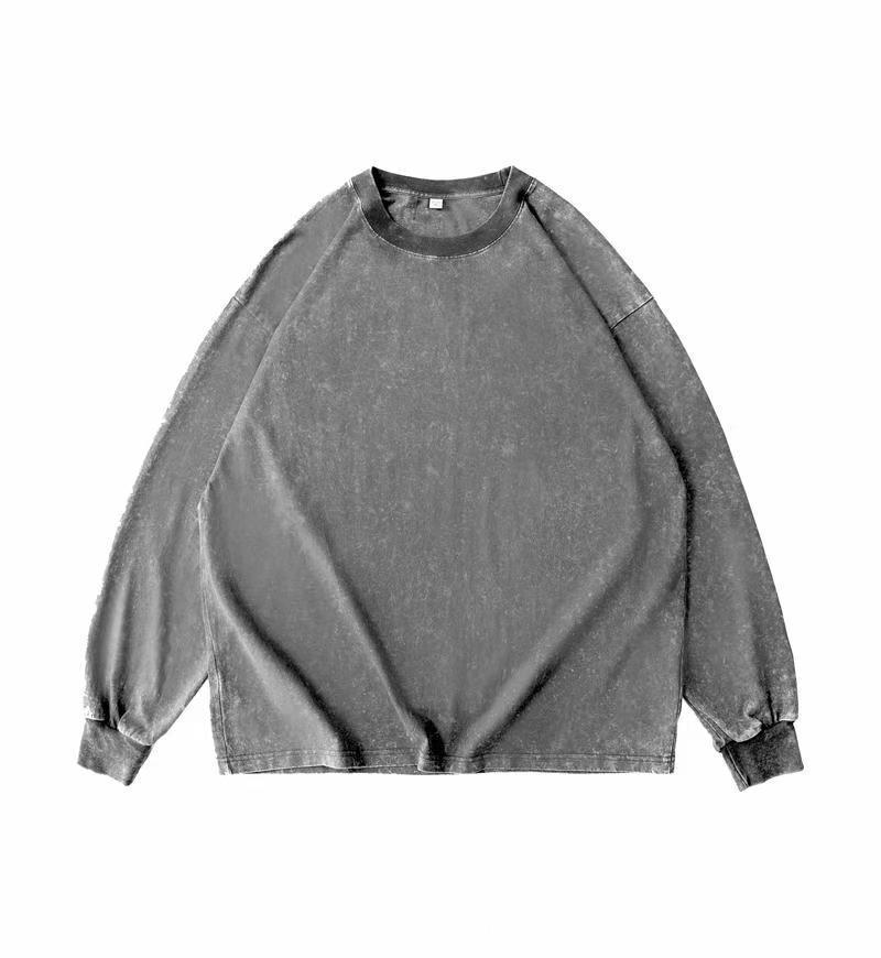 230G Heavyweight Vintage Distressed Loose Fit Plus Size Long Sleeve Cotton Crew Neck T-shirt