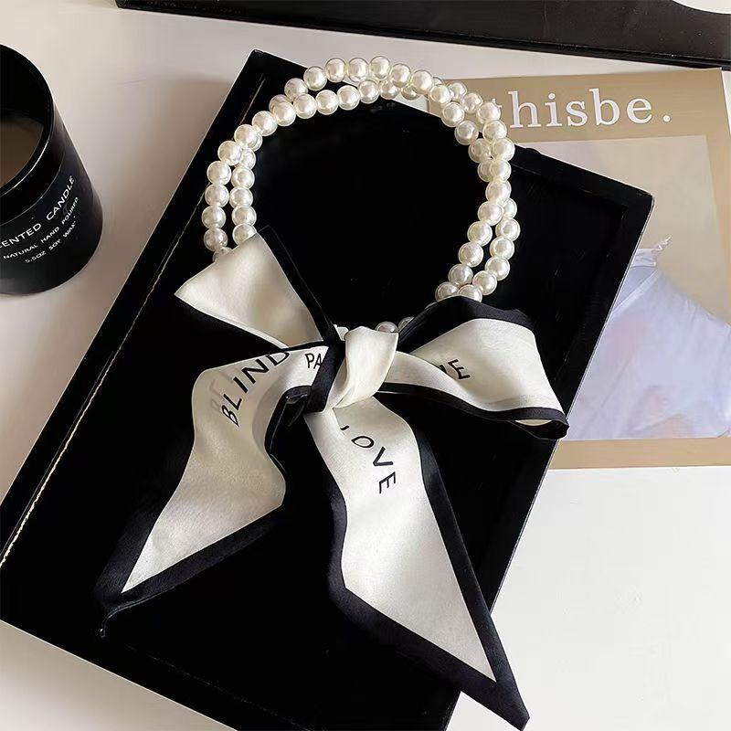 2-In-1 Detachable Pearl Headband Silk Scarf Hairband Women'S Hair Ties Elastic Hair Bands Necklace Fashionable Accessories