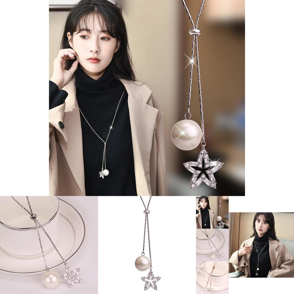 Fashionable Long Chain Star Shaped Pendant Necklace With Pearls Sparkling Design