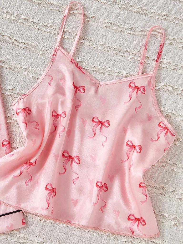 Satin-Pyjama-Set für Mädchen, 4-teilig, mit Schleifenmuster, Nachtwäsche, Bademantel, Cami-Top, Shorts, Hose, 8-12 Jahre, Kinder, Weiches Nachthemd-Set für Schlafzimmer, Geburtstagsgeschenk