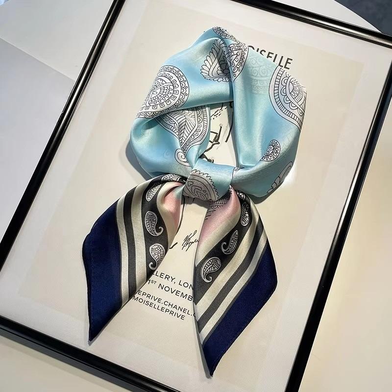 Foulard carré en soie imprimé de luxe pour femmes, cravate pour le cou ou les cheveux, bandeau, plage, hijab, mouchoir de tête, bandeau, bandana, foulard pour femmes 70cm One Size gray