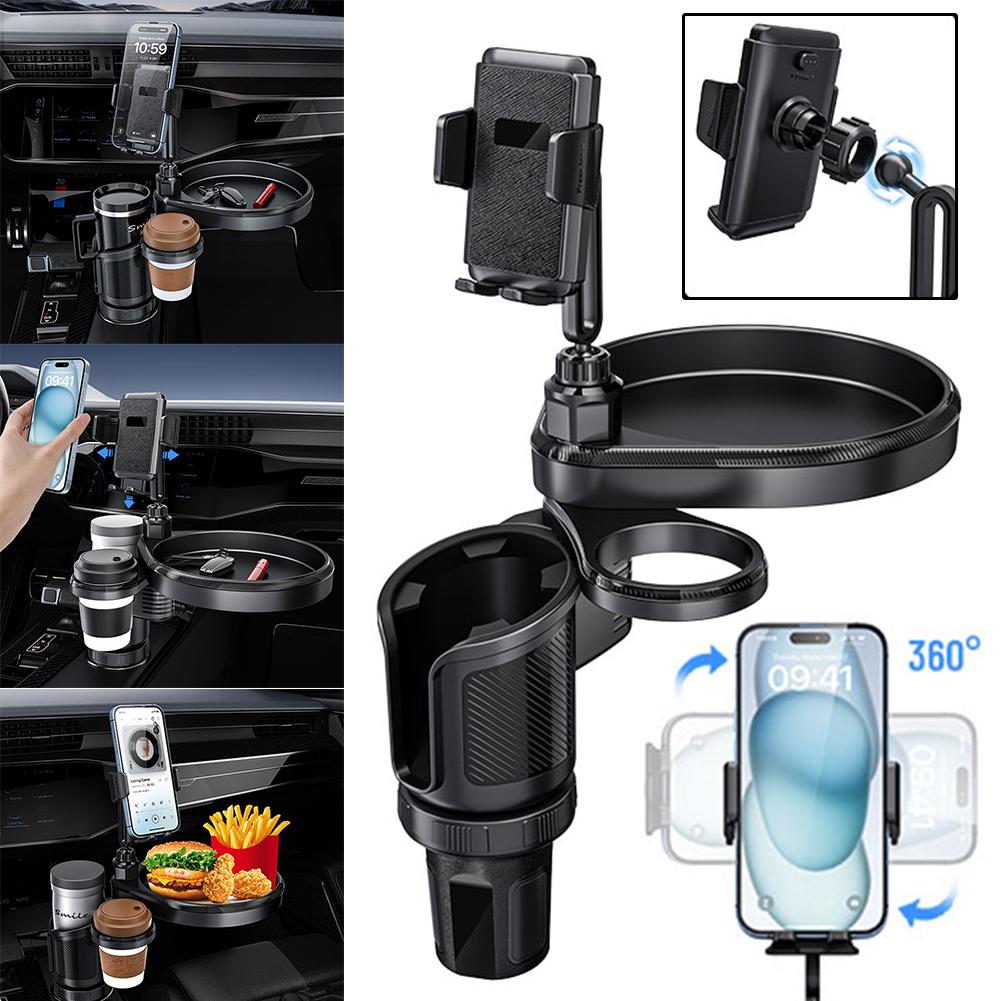 4-in-1 Automotive Cup Holder Attachable Tray with Phone Holder Car Organizer 2 Cup Holders Road Trip Essentials Car Accessories