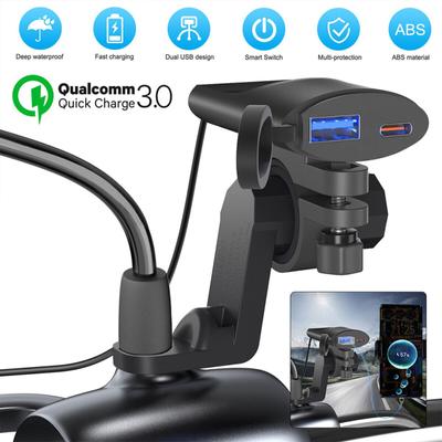 Motorcycle USB Charger 12V 24V Quick Charge USB A Type-C Dual Port Waterproof Handlebar Clamp