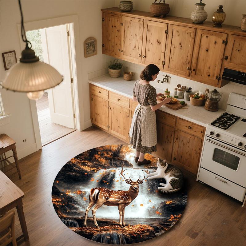 Deer by Waterfall Round Area Rug,Carpet Rug for Living Room Bedroom Sofa Playroom Decor,Non-slip Floor Mat