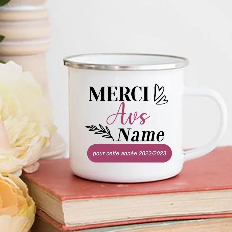 Personalisierte Tassen Kreative Kaffeetassen Trinkwasserbecher Emaille-Tasse Schule Zuhause Henkel Trinkgeschirr Geschenk für Lehrer ATSEM AESH AVS