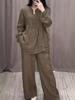 Women's Loose Fit Brown Casual Long Sleeve Button-Up Top and Wide Leg Pants Set