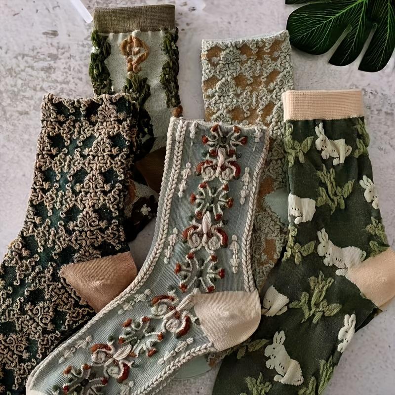 5 Pairs Women's Mid-Calf Socks - Soft Knit Floral Embroidery, Green Vintage Print, Warm & Comfortable, Perfect for Autumn & Winter, Cute Socks