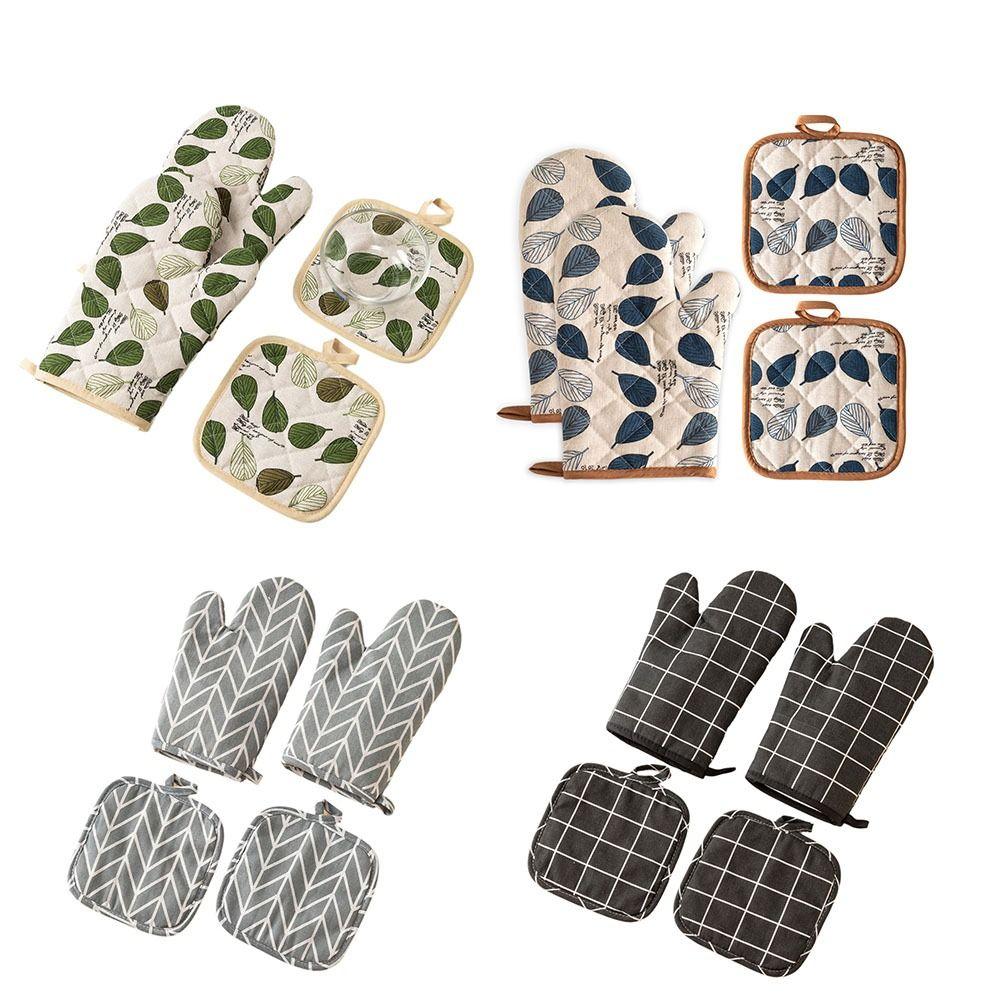 4Pcs Thickened Microwave Oven Glove Cotton Linen Heat Resistant Gloves Oven Gloves Set  Microwave