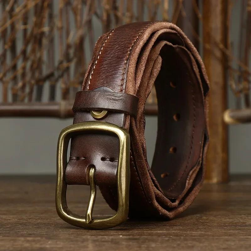 Cintura in Vera Pelle da Uomo 3,3 cm Cinturino di Lusso Cintura Maschile Nuova Moda Pelle di Mucca Pura Fibbia in Rame Selvaggio Classico Retro Alta Qualità