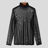 INCERUN Men Turtleneck Long Sleeve Mesh Skinny Tops See Through T-shirts Undershirt