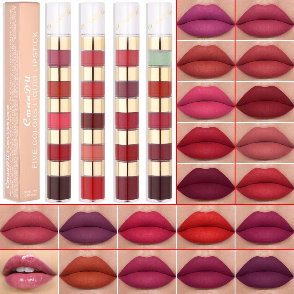 5 i 1 Matte Lipstick Kit Combo Strip Velvet Sexy Red Lip Tint Non-stick Cup Lip Gloss Lip Oil Makeup Lips Kosmetisk sett