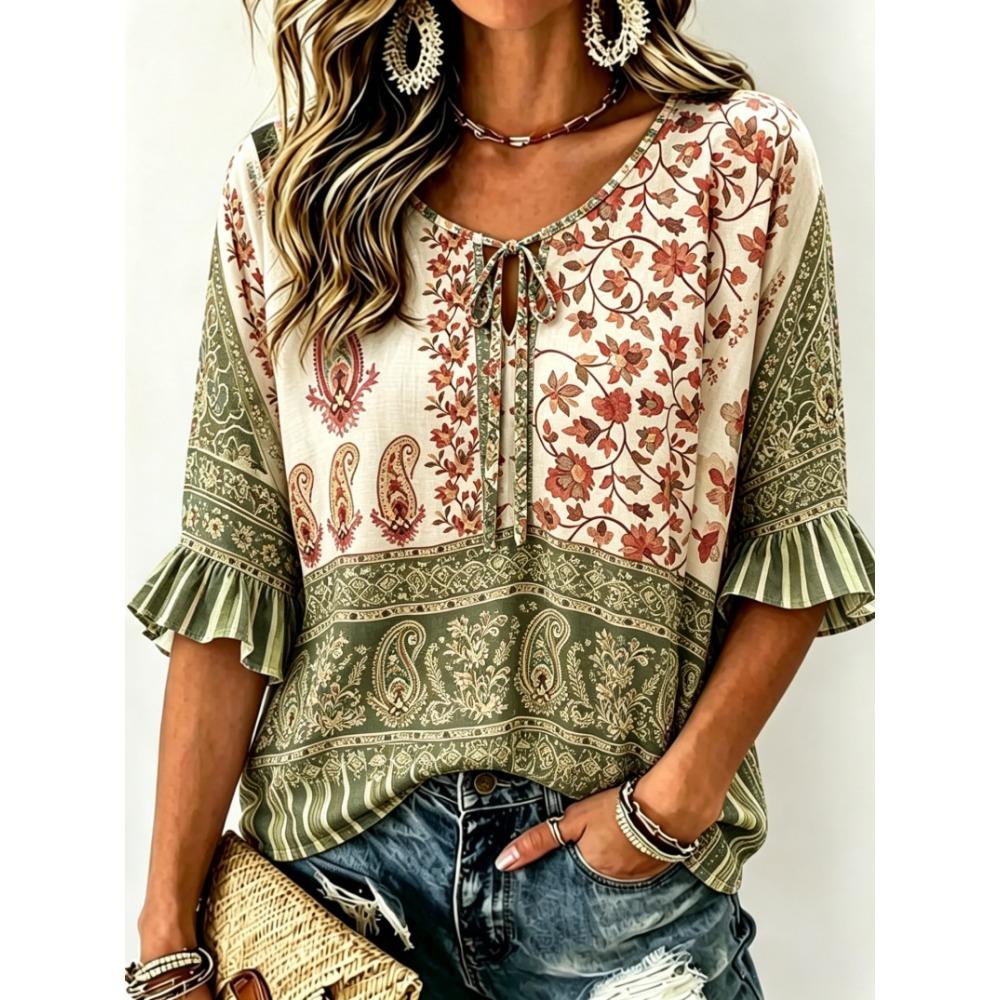 Women's Vintage Paisley Floral Print Tie Front Blouse, Casual Loose Top for Spring Summer Daily Wear
