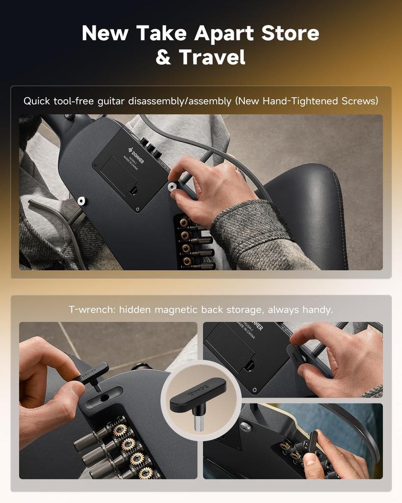 Donner Evo2 Travel Guitar Detachable Headphone Suitable for Apartment Buildings and Nighttime Black HUSH-I - Silent, Headless, Beginner-Friendly,
