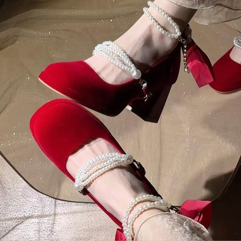 2026 New Little Mary Jane High Heels Temperament Block Heel High-end Pearl Platform Wedding Shoes