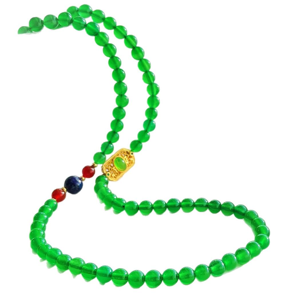 Vintage High Quality 7A Imperial Green Natural Chalcedony Multi-Layer Design Sweater Chain Necklace Collarbone Chain Female