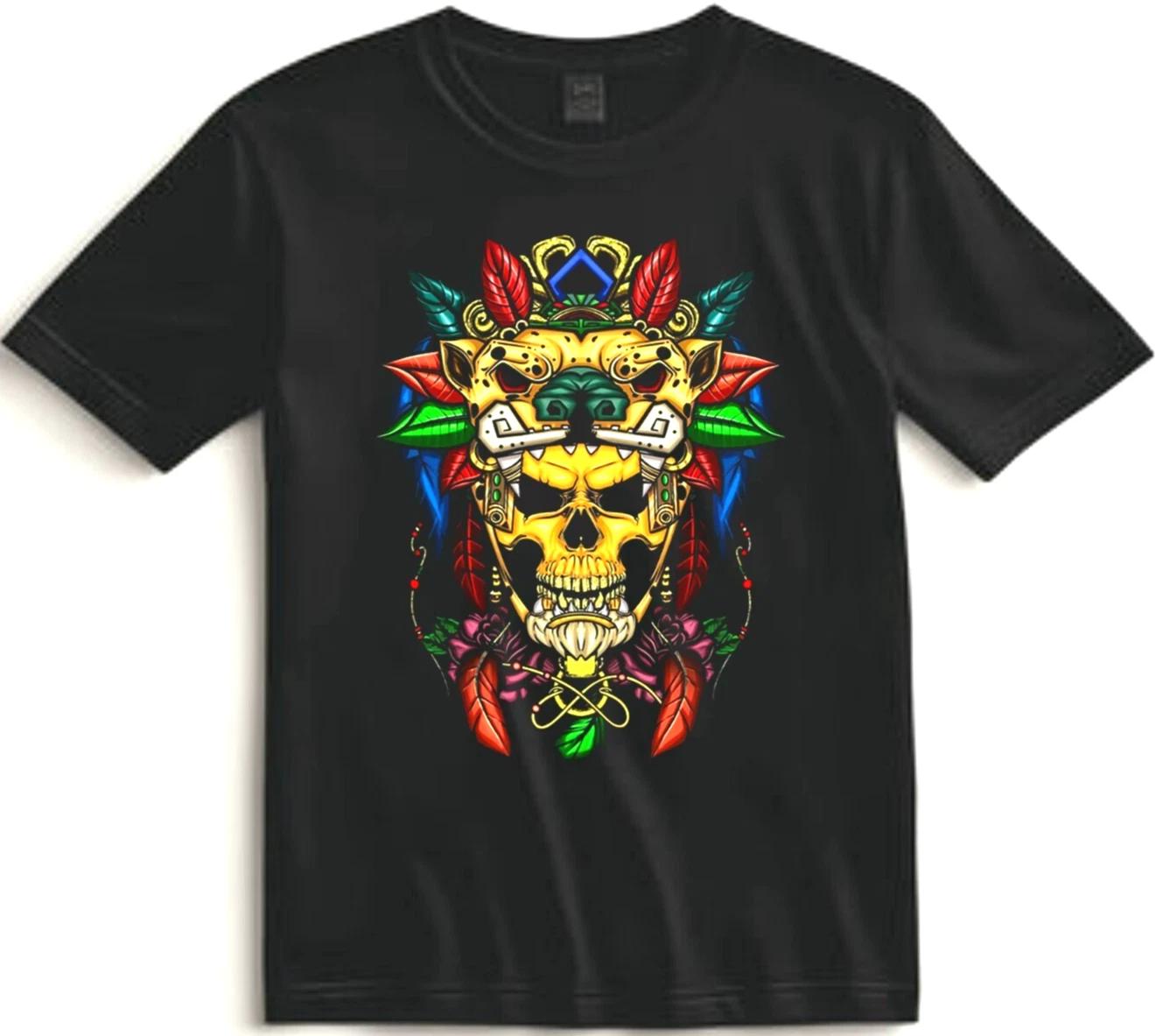 Aztec Jaguar Skull T Shirt Tribal Warrior Graphic Tee Hispanic Culture M